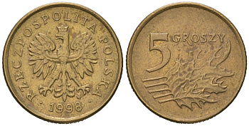 Польша 5 грошей 1998 MW KM 278, Parchimowicz 703e латунь aUNC 4547-215