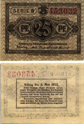 Мекленбург-Шверин 25 ПФЕННИГОВ 1922 НОТГЕЛЬД, 1 МАЯ 1922, ЗЕМЛЯ НИЖНЯЯ ПОМЕРАНИЯ Grabowski М21.1а бумага 8608-13-2-1