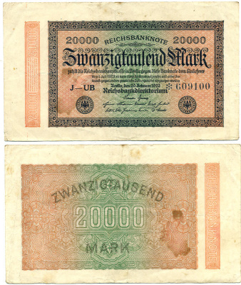 ГЕРМАНИЯ 20000 МАРОК 1923 20 ФЕВРАЛЯ 1923, ВОДЯНОЙ ЗНАК L Pick 85 a бумага 7547-81-1