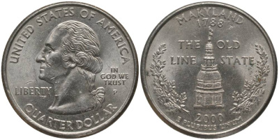США 25 центов = квотер 2000 Р, серия штаты США, Мэриленд KM 306 медь плакированная медно-никелем 181-123