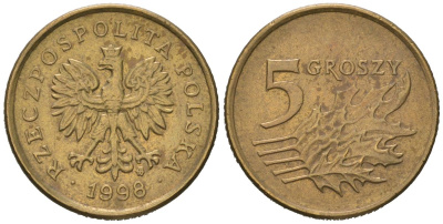 Польша 5 грошей 1998 MW KM 278, Parchimowicz 703e латунь aUNC 4547-215