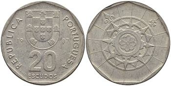 ПОРТУГАЛИЯ 20 ЭСКУДО 1987 INCM KM 634.1 медно-никель 4395-941