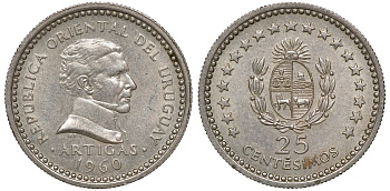 Уругвай 25 сентесимо 1960 KM 40 медно-никель 4169-766