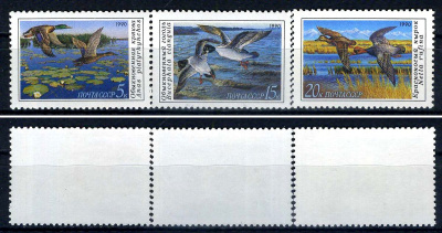 СССР набор из 3 марок (5, 15 и 20 копеек) 1990 утки - обыкновенная кряква, обыкновенный гоголь, красноносый нырок Загорский 6155, 6156 и 6157    марка с оригинальным клеем, без следов наклейки (чистая) 8707-5-4-2