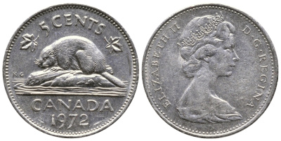 Канада 5 центов 1972 бобр, Елизавета II (1952-) KM 60.1 никель 4364-2425
