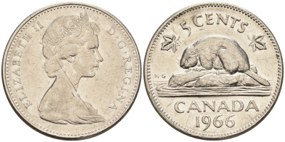 Канада 5 центов 1966 Елизавета II (1952-2022), бобер KM 60.1 никель    4148-1224