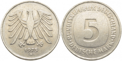 ФРГ 5 марок 1975 G, монетный двор Карлсруэ КМ 140.1, J. 415 медно-никель плакированный никелем 109-836