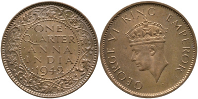 Британская Индия 1/4 анна 1942 Георг VI (1937-1952) KM 531 бронза aUNC 3999-135