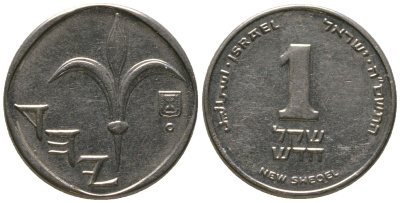 Израиль 1 новый шекель 2005 JE 5765 KM 160a сталь плакированная никелем 4396-831