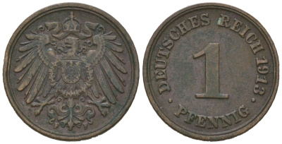 Германия 1 пфенниг 1913 F, Вильгельм II (1888-1918) KM 10, J. 10, Weege 2 медь 4615-227