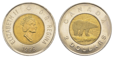 Канада 2 доллара 1996 Елизавета II (1952-2022), полярный медведь KM 270 биметалл UNC 4637-1022