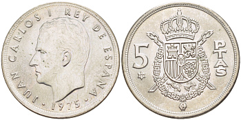 ИСПАНИЯ 5 ПЕСЕТ 1975 (77) ХУАН КАРЛОС I ( 1975-) KM 807 медно-никель UNC 216-446