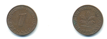 ФРГ 1 ПФЕННИГ 1950 J KM 105, J.380 сталь плакированная медью 83-123