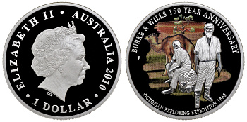 Австралия 1 доллар 2010 экспедиция Берка и Уиллса, цветная эмаль, коробка, сертификат серебро PROOF 4-3-3-08