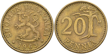 Финляндия 20 пенни 1963 S KM 47 алюминиевая бронза 4582-1257