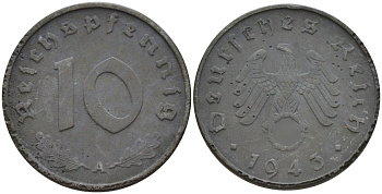 Германия 10 рейхспфеннигов 1943 A KM 101, J.371 цинк 4151-223