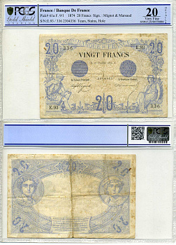 Франция 20 франков 1874 в слабе PCGS 20 Very Fine Pick 61 a бумага 10-2-20