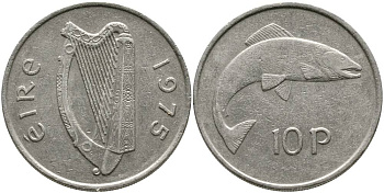 ИРЛАНДИЯ 10 ПЕНСОВ 1975 ЛОСОСЬ KM 23 медно-никель 4531-736