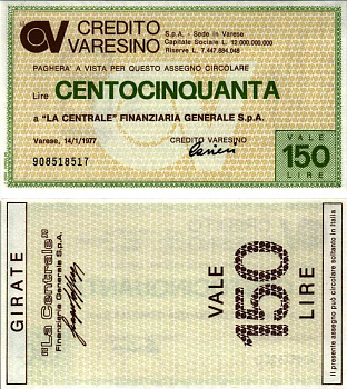 Италия чек на 150 лир 1977 14 января 1977, credito varesino бумага UNC (пресс) 7218-6-3-2