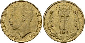 Люксембург 5 франков 1987 Великий герцог Жан (1964-1999) KM 60 алюминиевая бронза 4599-1215