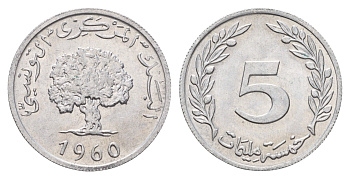 Тунис 5 динаров 1960 пробковый дуб KM 282 алюминий UNC 4675-452