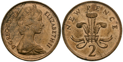 Великобритания 2 пенса 1979 Елизавета II (1952-2022) KM 916, Spink 4235 (C1) бронза 4138-752