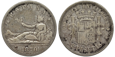 Испания 2 песеты 1870 (70) SN-M KM 654 серебро 4566-644