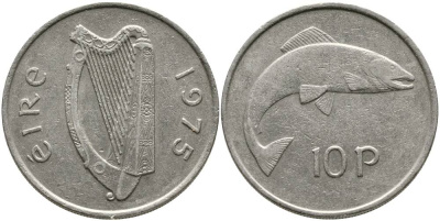 Ирландия 10 пенсов 1975 лосось KM 23 медно-никель 4531-736