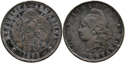 Аргентина 2 сентаво 1893 голова свободы влево KM 8 бронза 4531-1131