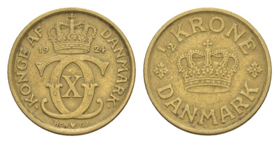 Дания 1/2 кроны 1924 HCN, Кристиан X (1912-1947) KM 831 алюминиевая бронза 4651-1023