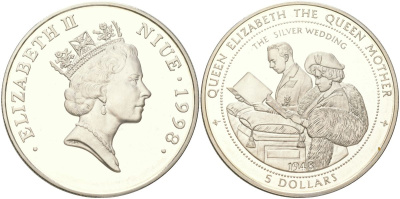 Ниуэ 5 долларов 1998 Серебряная свадьба Королева-мать Елизавета и Георг VI KM 145 серебро PROOF 01-235-34