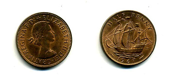 Великобритания 1/2 пенни 1967 Елизавета II (1952-2022) KM 896, Spink 4158 бронза UNC 179-937