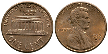 США 1 ЦЕНТ 1992 D, ЛИНКОЛЬН KM 201b цинк плакированный медью 72-343