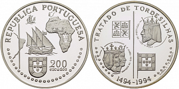Португалия 200 эскудо 1994 Тордесильясский договор 1494 года KM 671а серебро PROOF 00-00