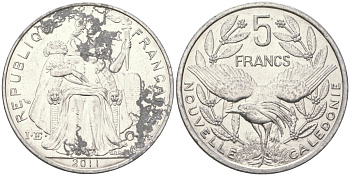 Французская Новая Каледония 5 франков 2011 птица кагу, (IEOM) KM 16, Schoen 12, Lec 81k алюминий 4111-746