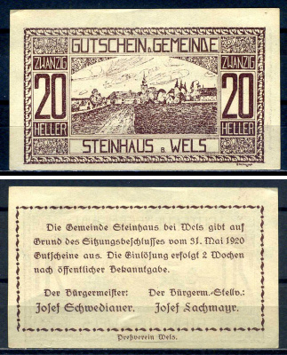 Штайнхаус-бай-Вельс (Австрия) 20 геллеров 1920 бумага UNC (пресс) 7556-32-2-1