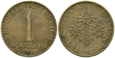 Австрия 1 шиллинг 1980 KM 2886 алюминиевая бронза 4138-435