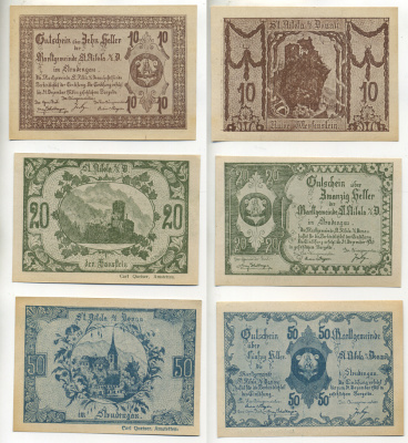 Австрия набор из 3 банкнот 1920 до 31 декабря 1920, нотгельд, 10, 20, 50 геллеров, ST. RIFOLA AN DER DONAU   бумага  aUNC  7555-2-1-1