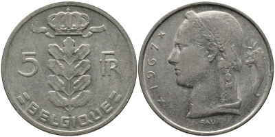 БЕЛЬГИЯ 5 ФРАНКОВ 1967 BELGIQUE KM 134.1 медно-никель 98-636