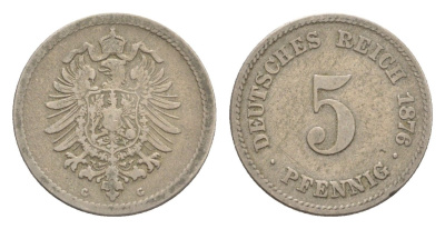 Германия 5 пфеннигов 1876 J, Вильгельм I (1871-1888) KM 3, J. 3, Weege 5 медно-никель 4639-1252