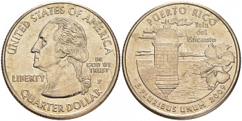 США 25 центов = квотер 2009 P, серия штаты США, штат Пуэрто-Рико KM 446 медь плакированная медно-никелем UNC M32-17