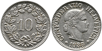 ШВЕЙЦАРИЯ 10 РАППЕНОВ 1938 В KM 27 медно-никель 4539-521