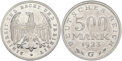 ГЕРМАНИЯ 500 МАРОК 1923 G KM 36, J. 305 алюминий UNC 73-1043
