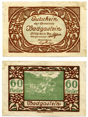 Бад-Гаштайн, Австрия 60 геллеров 1920 31 декабря 1920, нотгельд, земля Зальцбург бумага 2193-26-2-1