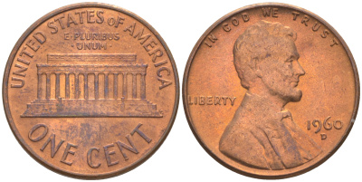 США 1 цент 1960 D, Линкольн, LARGE DATE KM 201 медь цинк 187-1139