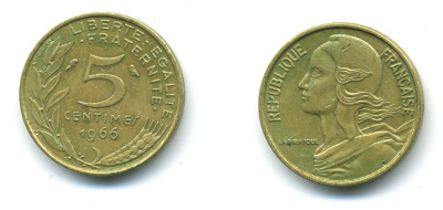 ФРАНЦИЯ 5 САНТИМОВ 1966 ТИП MARIANNE KM 933, LE FRANC 125.2 алюминиевая бронза 84-1527