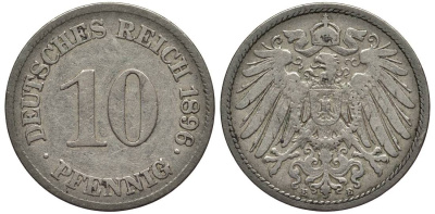 ГЕРМАНИЯ 10 ПФЕННИГОВ 1896 E KM 12, Jager 13, Weege 8 медно-никель 4538-755