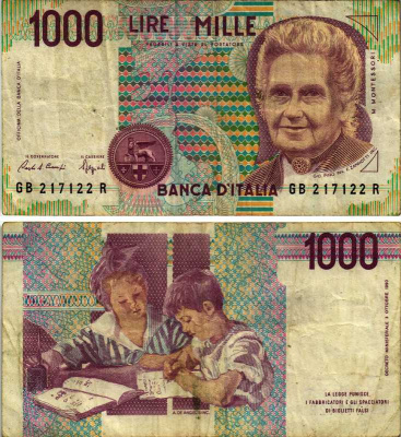 Италия 1000 лир 1990 Мария Монтессори Pick 114a бумага 7484-46-3