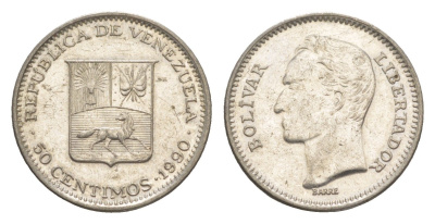 Венесуэла 50 сентимо 1990 Симон Боливар Y 41a сталь плакированная никелем 4584-632