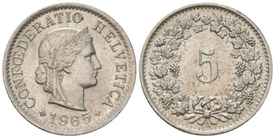 Швейцария 5 раппенов 1965 B, очень редкий год KM 26 медно-никель aUNC 4115-1237